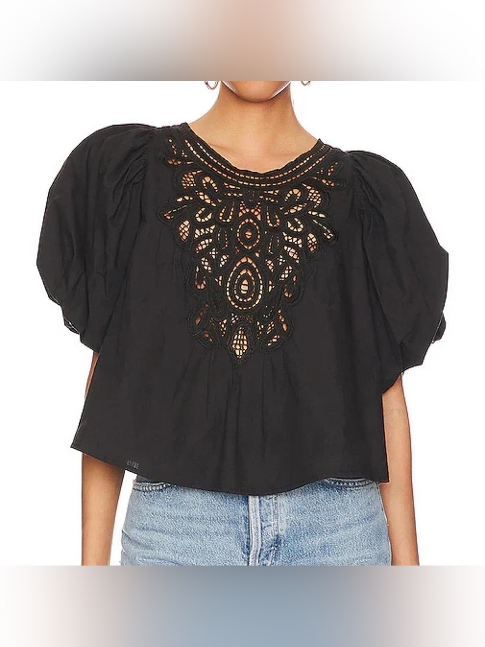 Free People Bardot Embroidery Lace Black Blouse Top